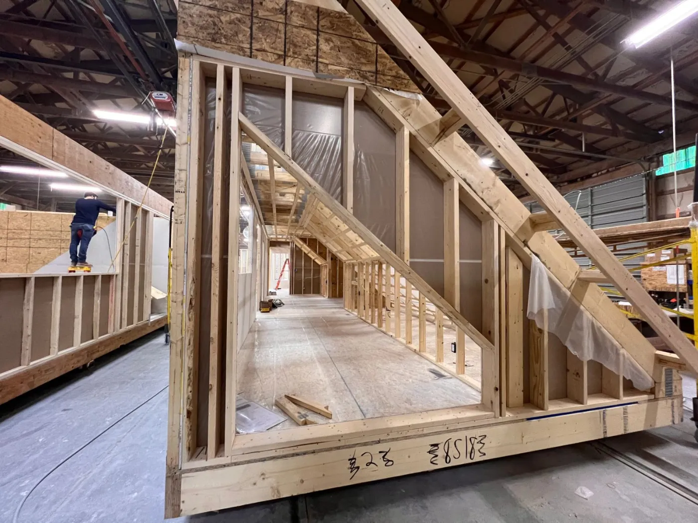 A module with an interior staircase being framed