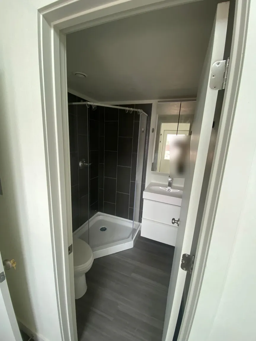 Bathroom with a black tile corner shower, a toilet, and a white vanity