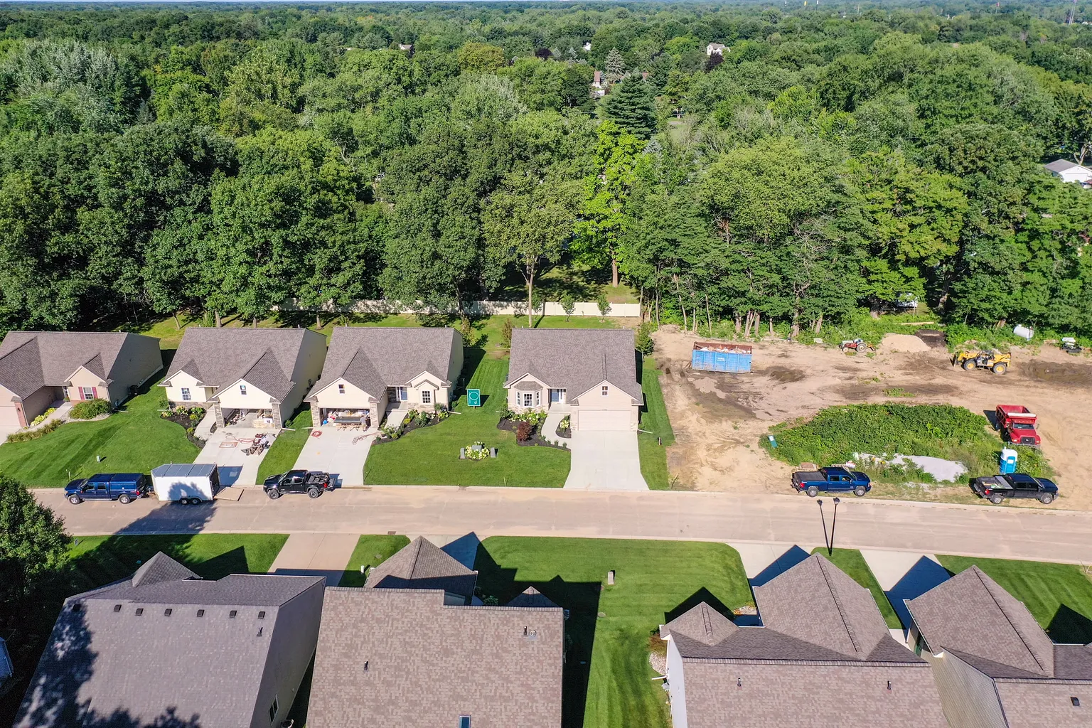 Wide aerial view of the street and surrounding trees