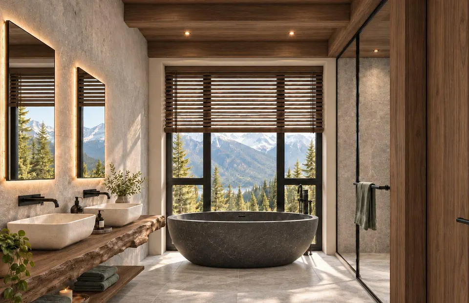 Rendering of a bathroom with a stone soaking tub, two vessel sinks, and a window facing the mountains