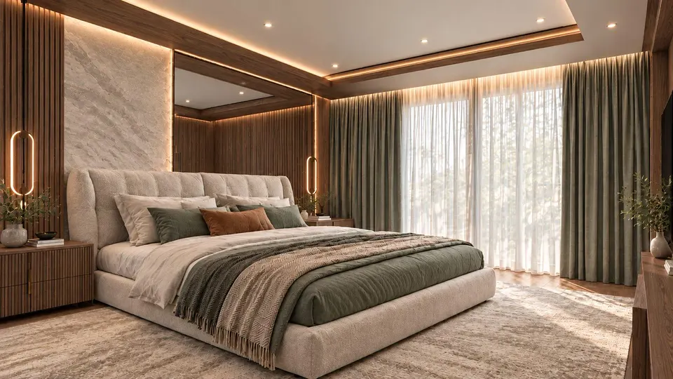 Rendering of a bedroom with an upholstered headboard and tall curtained windows