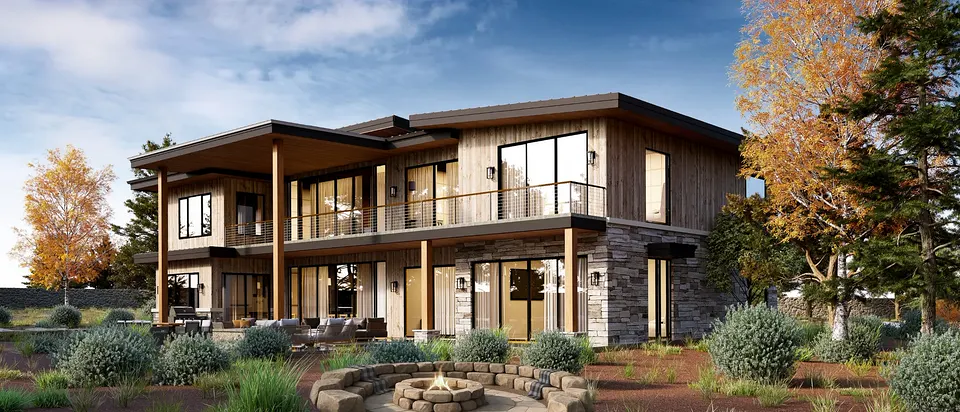 Rendering of the back of the home, with a covered upper deck and a stone fire pit on the terrace