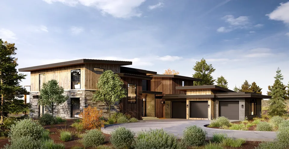 Rendering of the front of the home: stone, wood, and glass under low-slope roofs, with a three-car garage and a curved drive