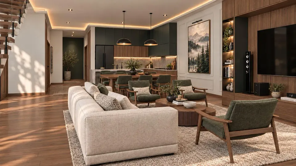 Rendering of an open living area and kitchen with walnut cabinetry, a long sofa, and a wall of shelving