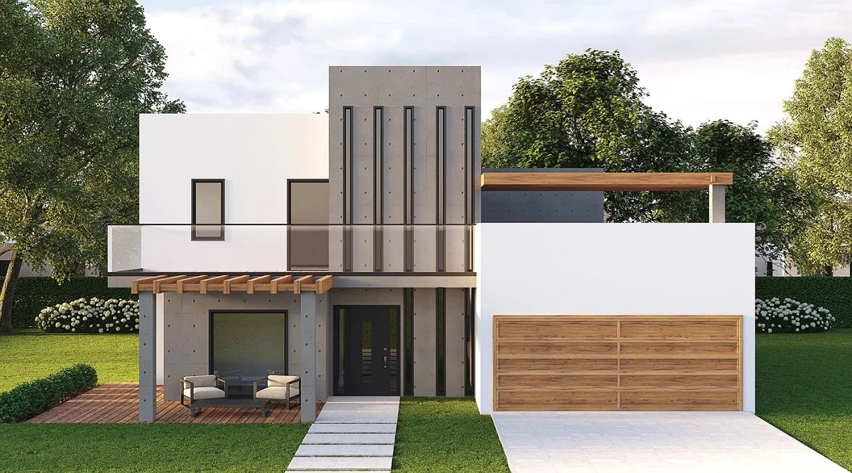 Rendering of the Alina, a modern two-story home with white and wood-slat facades and a flat roof