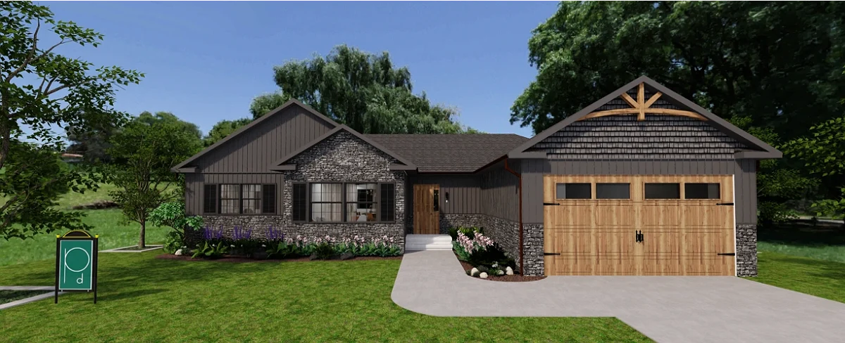 Rendering of the Danbury, a single-story home with dark siding and a wood garage door
