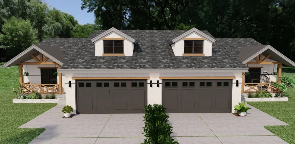 Rendering of the Duplexes, two single-story units with white siding, twin garage doors, and covered porches at each end
