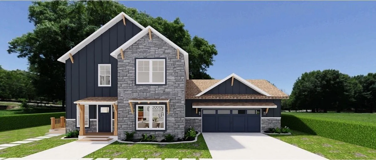 Rendering of the Farmhouse, a two-story home with dark siding and stone accents