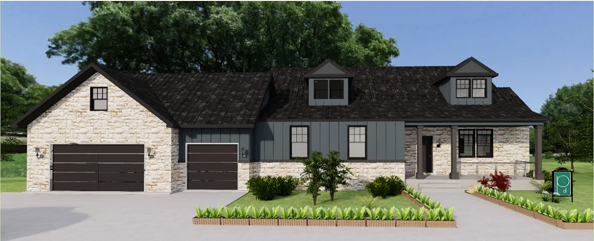 Rendering of the Lakeside, a home with stone and lap siding and an attached garage