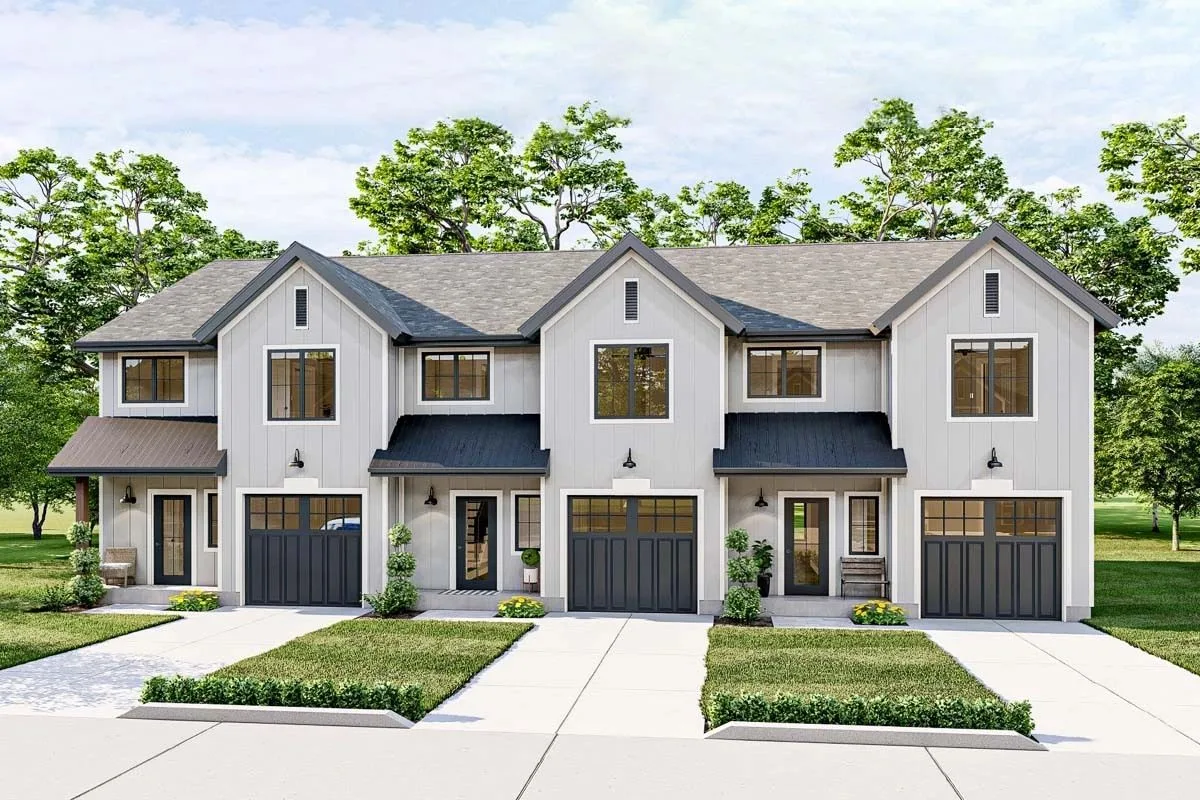 Rendering of the Midwest Townhomes, a row of three two-story townhomes with white board-and-batten siding and single-car garages