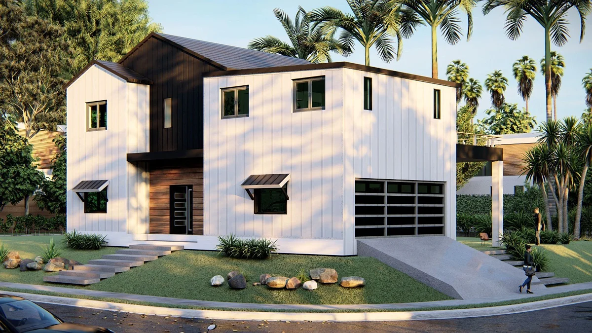 Rendering of the Modern, a two-story white home with dark trim and a garage