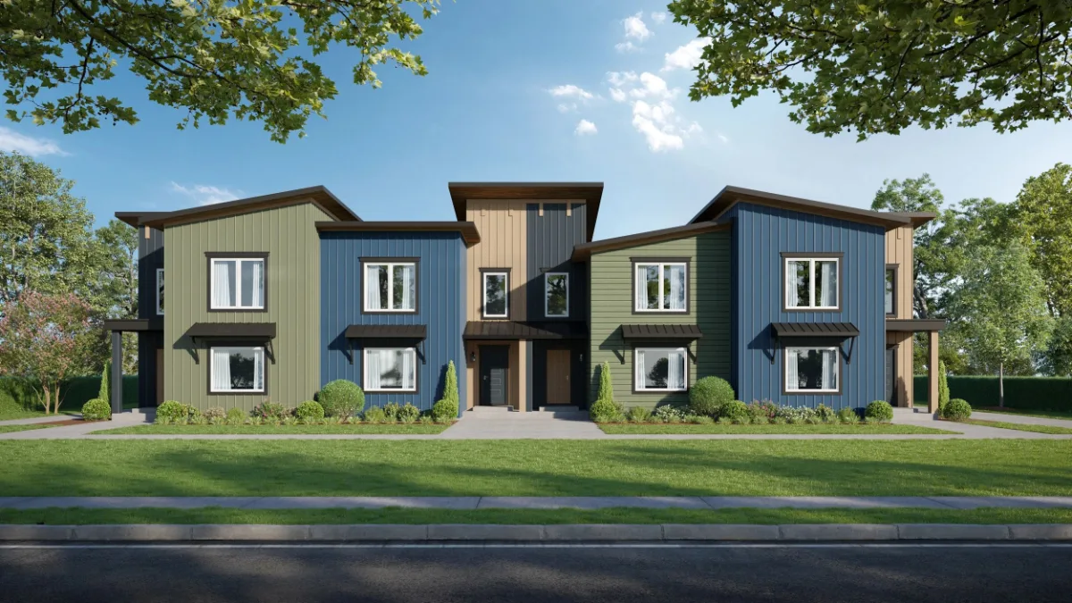 Rendering of the Mountain Townhomes, a row of two-story townhomes with green, blue, and wood siding and shed roofs