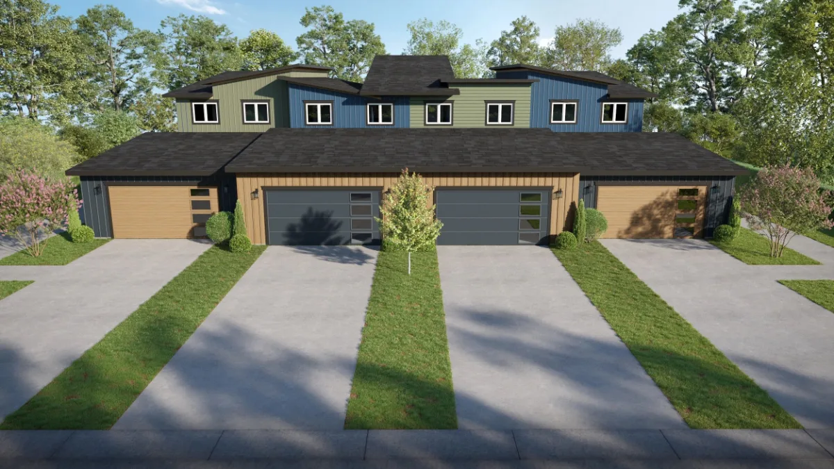 Rendering of the Mountain Townhomes from the rear, showing the garages and driveways