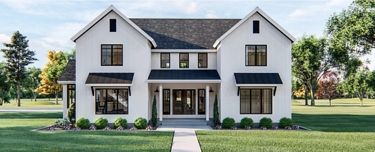 Rendering of the Savannah, a two-story white farmhouse with a covered front porch and dark roof