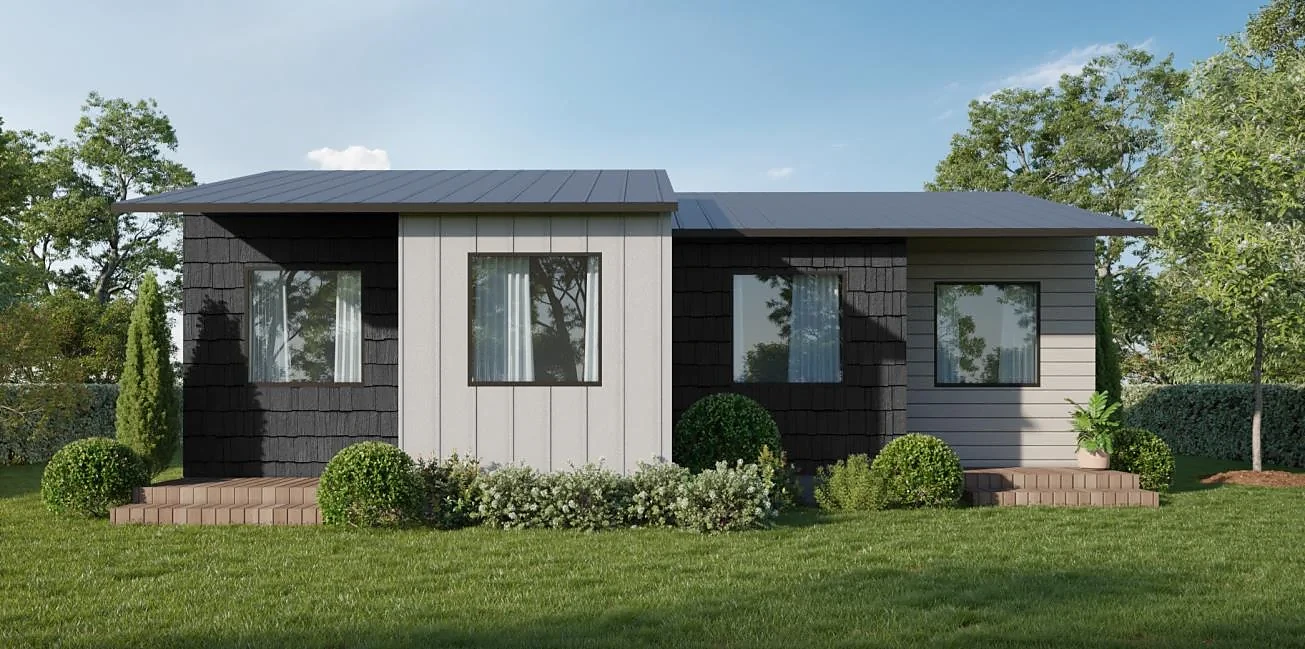 Rendering of a Pinwheel duplex, two attached single-story units with mixed charcoal and light siding and separate entry decks
