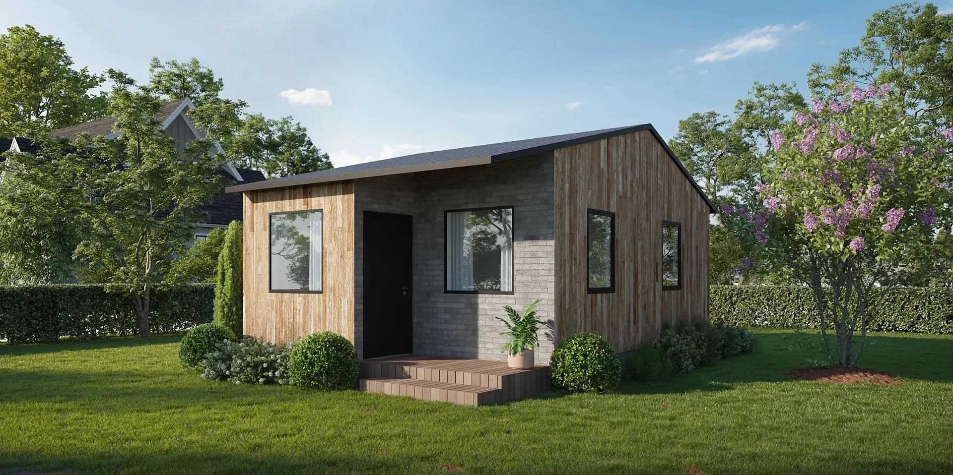 Rendering of the Papaya Pinwheel, a compact single-story home with wood and gray brick siding, a black door, and a small deck