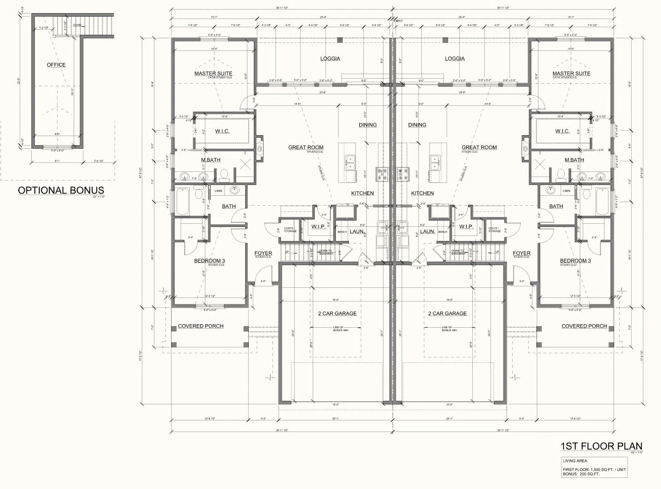 Floor plan of the Duplexes: two mirrored units, each with a great room, kitchen, dining, primary suite, second bedroom, two baths, and a two-car garage, plus an optional bonus office above