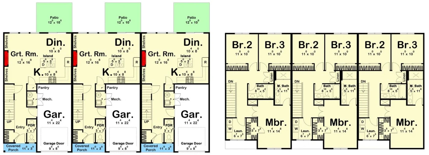 Floor plans of the Midwest Townhomes, three units side by side: main floor with great room, kitchen, dining, and garage; upper floor with three bedrooms, two baths, and laundry