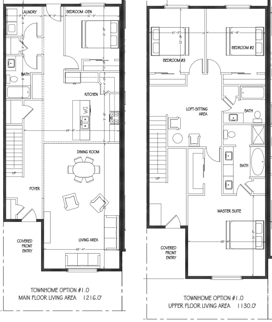 Floor plans of one Mountain Townhomes unit: main floor of 1,216 square feet with living, dining, kitchen, bedroom or den, bath, and laundry; upper floor of 1,130 square feet with a primary suite, two bedrooms, two baths, and a loft