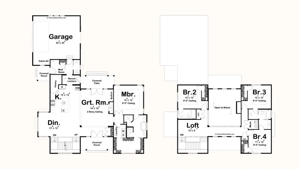 Floor plans of the Savannah: main floor with garage, kitchen, dining, great room, and primary bedroom; upper floor with three bedrooms and a loft