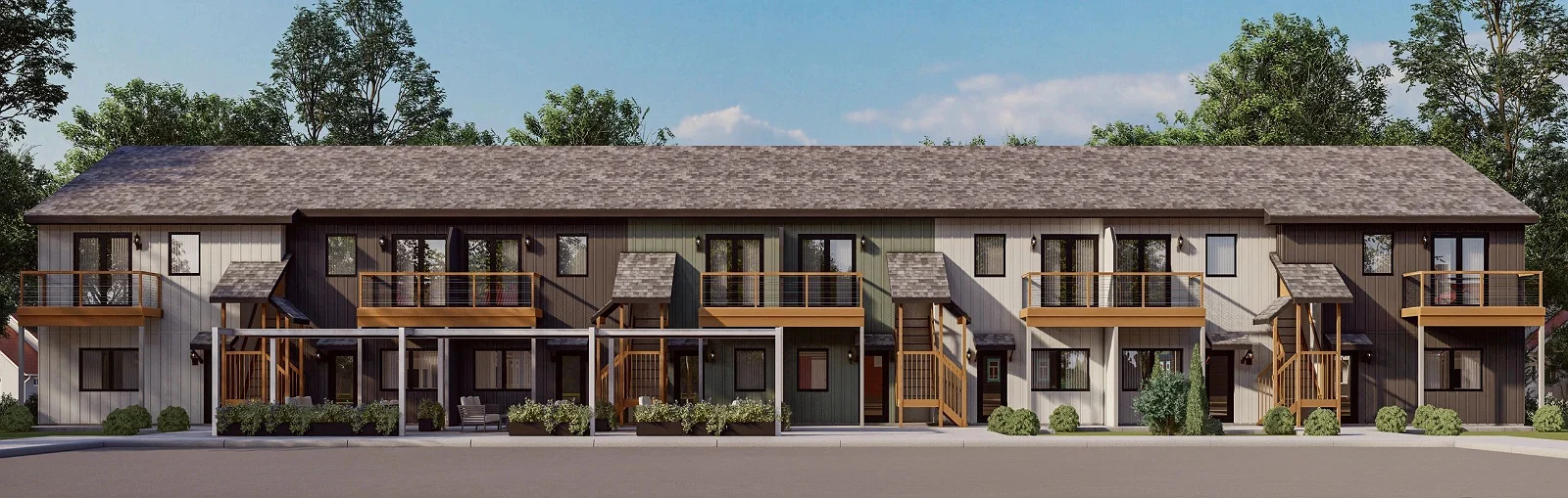 Rendering of Twin Oaks, a two-story row of attached townhomes with mixed siding and balconies