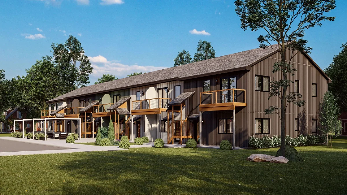 Rendering of Twin Oaks from the side, showing the length of the attached row and its landscaped frontage